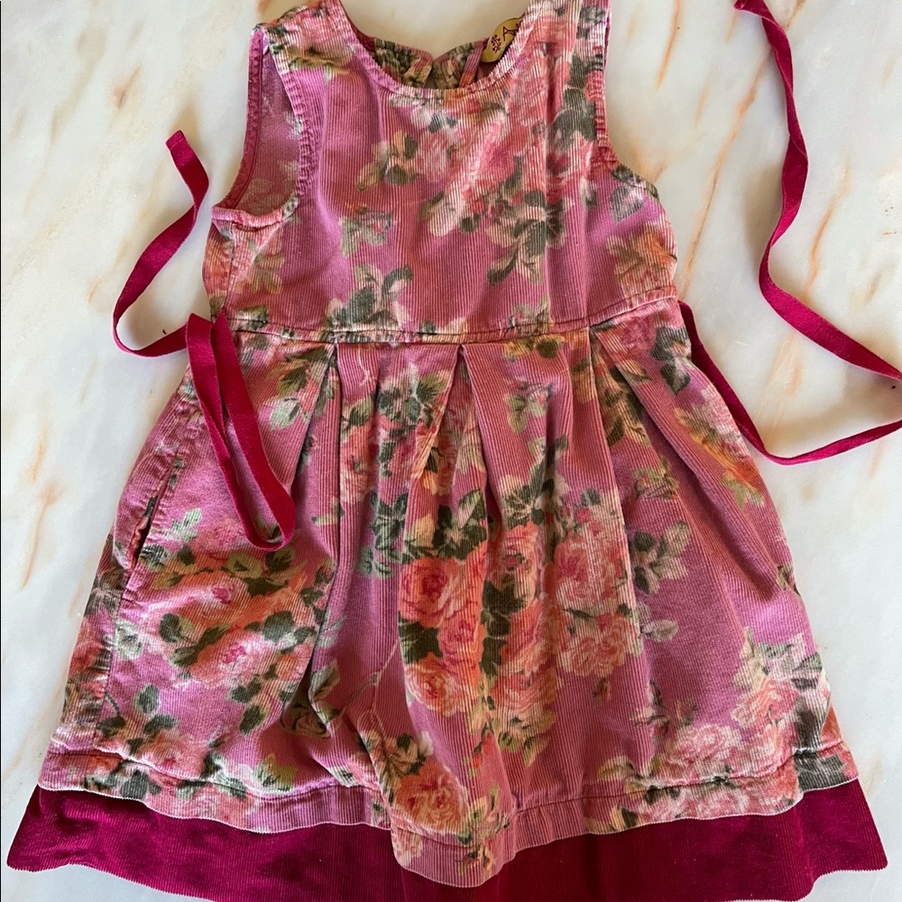 Corduroy rose print dress/reversible jacket set.